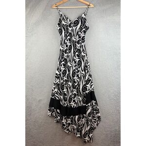 VTG Y2K Black White Swirl Print Handkerchief Hem Maxi Dress Spaghetti Strap M